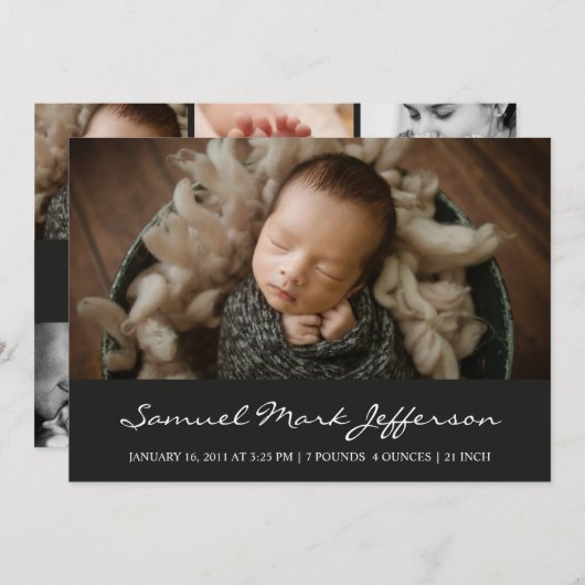 フォトコラージュ黒生まれたばかりの男の赤ちゃんユニセックス誕生 案内状 (正面/裏面)