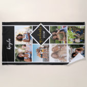 フォトコラージュ黒金ゴールドパーソナライズされた卒業 ビーチタオル (正面)