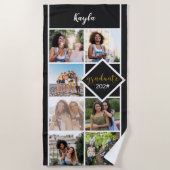 フォトコラージュ黒金ゴールドパーソナライズされた卒業 ビーチタオル (正面)