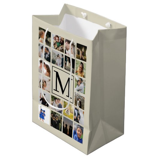 フォトコラージュ黒Biegeパターン祖父母20 ミディアムペーパーバッグ (正面アングル)