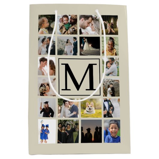 フォトコラージュ黒Biegeパターン祖父母20 ミディアムペーパーバッグ (正面)