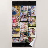 フォトコラージュ12写真組積造グリッドブラック ビーチタオル (正面)