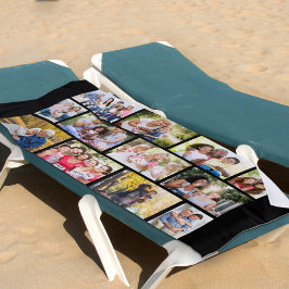 フォトコラージュ12写真組積造グリッドブラック ビーチタオル