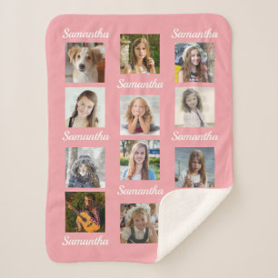 フォトコラージュ12 Instagram写真子供の名前ピンク シェルパブランケット