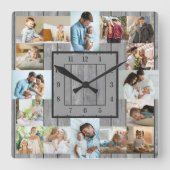 フォトコラージュ16写真グレー木材番号付き スクエア壁時計 (正面)