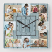 フォトコラージュ16写真コースタルブルーウッド スクエア壁時計 (正面)