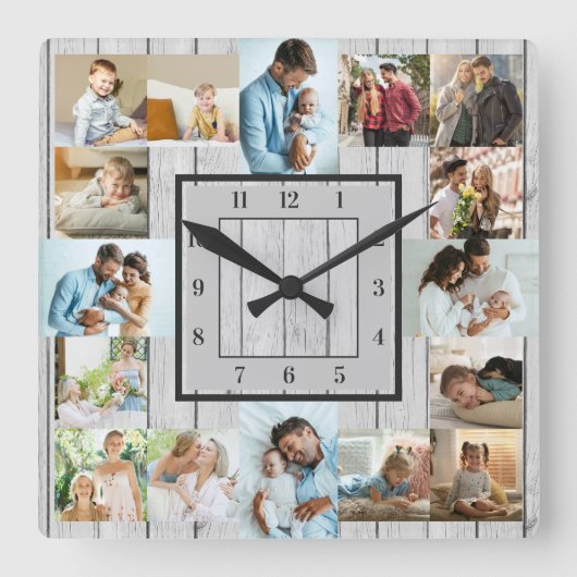 フォトコラージュ16写真白塗り木番号 スクエア壁時計 (正面)