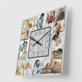 フォトコラージュ16写真白塗り木番号 スクエア壁時計 (傾斜)
