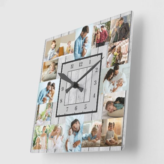 フォトコラージュ16写真白塗り木番号 スクエア壁時計 (傾斜)