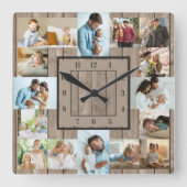 フォトコラージュ16写真素朴ウッド番号 スクエア壁時計 (正面)