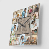 フォトコラージュ16写真素朴ウッド番号 スクエア壁時計 (傾斜)
