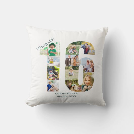 フォトコラージュ16誕生日パーソナライズされた記念 クッション (正面)