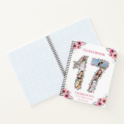 フォトコラージュ17誕生日ピンクフラワーゲストブック ノートブック (内部)