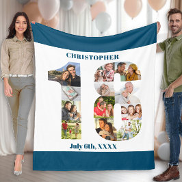 フォトコラージュ18誕生日ブルーホワイト写真 フリースブランケット