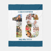 フォトコラージュ18誕生日ブルーホワイト写真 フリースブランケット (正面)