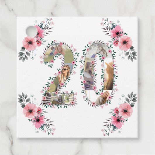 フォトコラージュ20誕生日ガールピンクフラワーホワイト フェイバータグ (正面)
