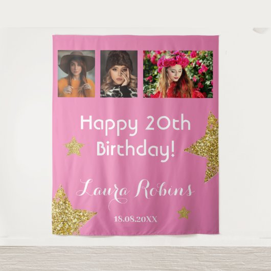 フォトコラージュ20th誕生日パーティー金ゴールド背景 タペストリー (正面)
