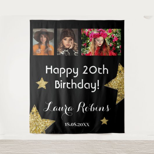 フォトコラージュ20th誕生日パーティー金ゴールド背景 タペストリー (正面)