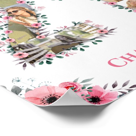 フォトコラージュ21歳の誕生日ガールピンクフラワーホワイト ポスター (角)