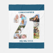 フォトコラージュ21thバースデーブルーホワイト写真 フリースブランケット (正面)