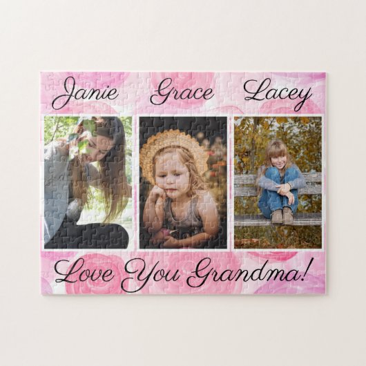 フォトコラージュ3つの写真ピンクウォーターカラーフローラ ジグソーパズル (横)