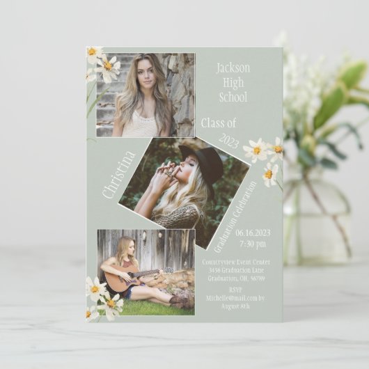 フォトコラージュ3パーソナライズされたデイジー卒業 案内状 (スタンド正面)
