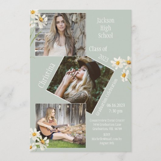 フォトコラージュ3パーソナライズされたデイジー卒業 案内状 (正面)