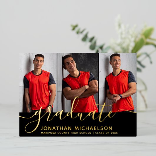 フォトコラージュ3写真卒業発表 箔招待状 (立ち正面)