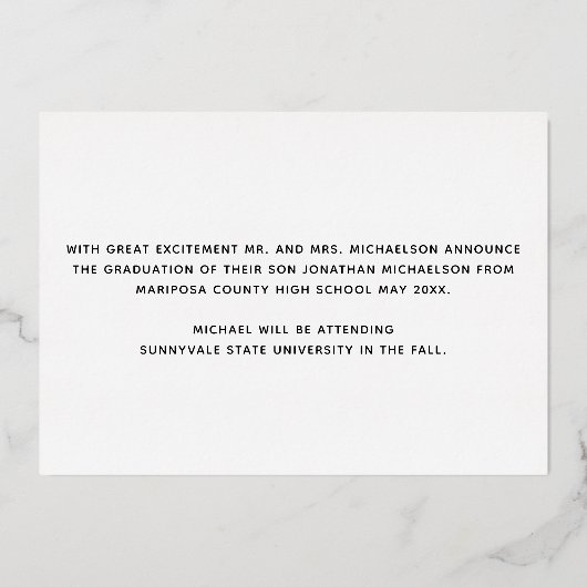 フォトコラージュ3写真卒業発表 箔招待状 (裏面)