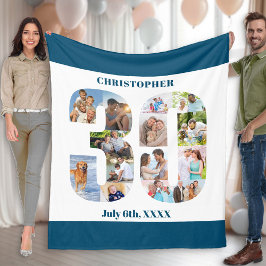 フォトコラージュ30thバースデーブルーホワイト写真 フリースブランケット