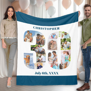 フォトコラージュ30thバースデーブルーホワイト写真 フリースブランケット