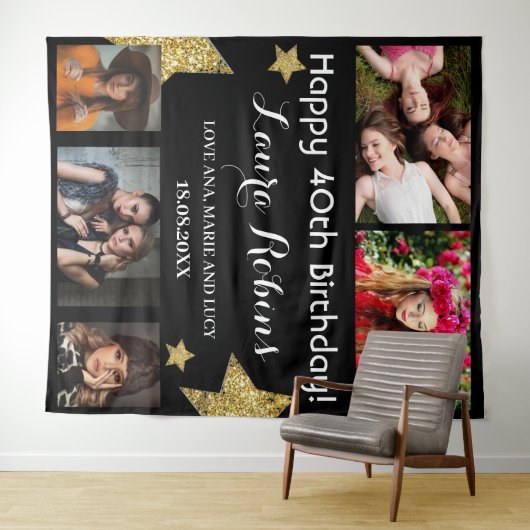 フォトコラージュ40th誕生日パーティー背景 タペストリー (インサイチュ(横))