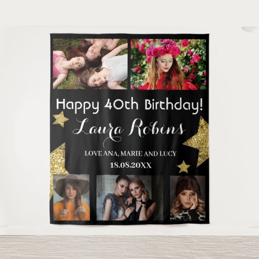フォトコラージュ40th誕生日パーティー背景 タペストリー (正面)