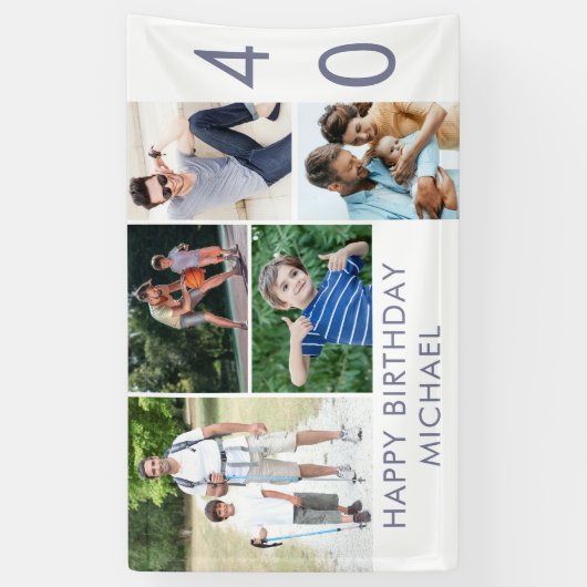 フォトコラージュ5写真40th誕生日バナー 横断幕 (縦)