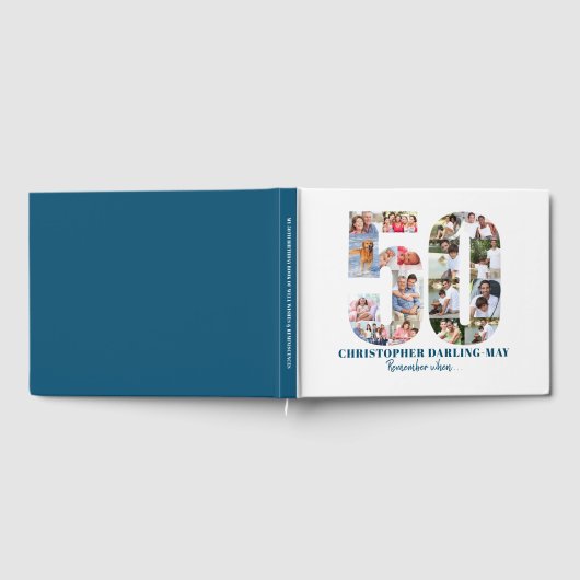 フォトコラージュ50誕生日いつ覚えて…ブルー ゲストブック (全面)