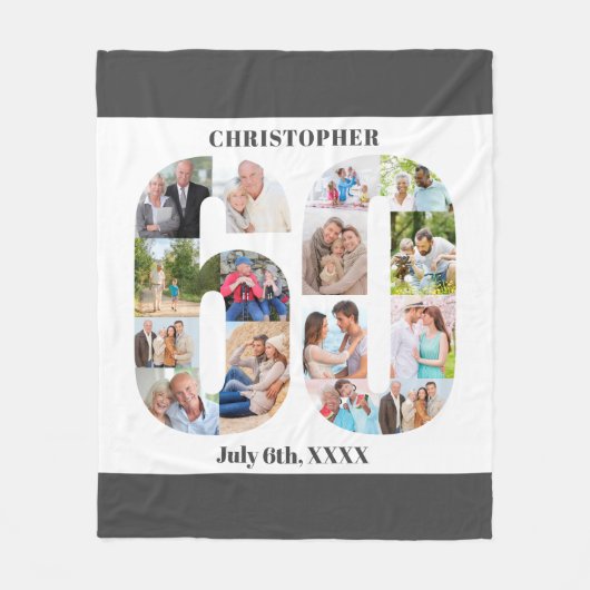 フォトコラージュ60誕生日グレーホワイト写真 フリースブランケット (正面)