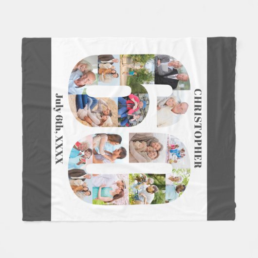 フォトコラージュ60誕生日グレーホワイト写真 フリースブランケット (正面(横))