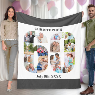 フォトコラージュ60誕生日グレーホワイト写真 フリースブランケット