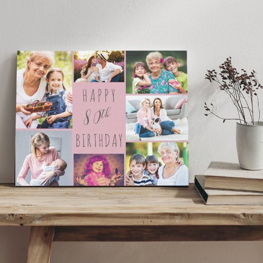 フォトコラージュ7写真ピンクグレー80誕生日 キャンバスプリント