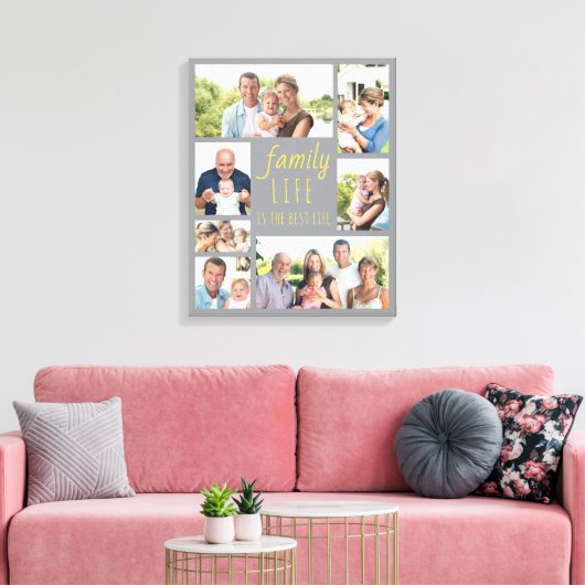 フォトコラージュ7写真ファミリーライフ引用文グレー キャンバスプリント (インサイチュ (リビング))