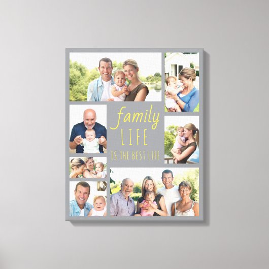 フォトコラージュ7写真ファミリーライフ引用文グレー キャンバスプリント (正面)