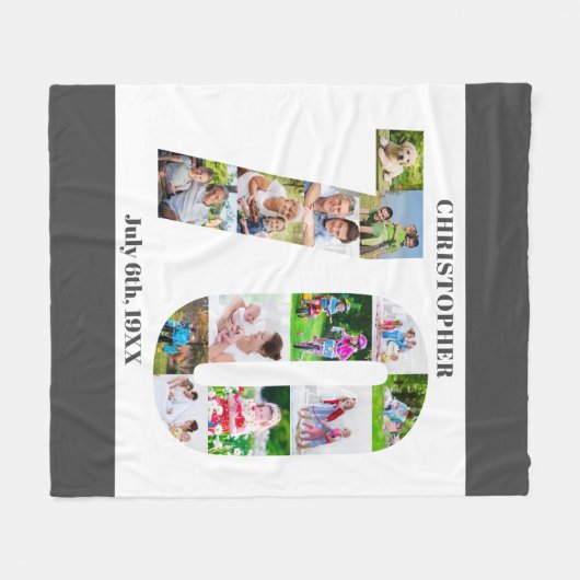 フォトコラージュ70誕生日グレーホワイト写真 フリースブランケット (正面(横))