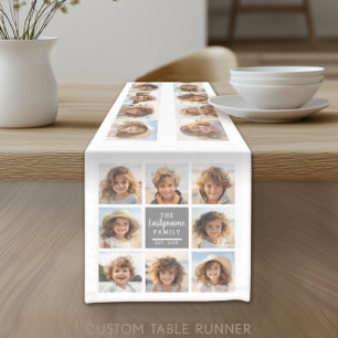 フォトコラージュ8写真グレー文字領域オンホワイト ショートテーブルランナー