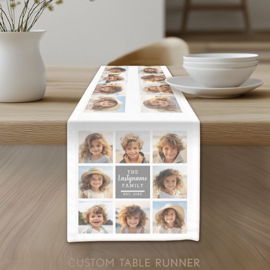 フォトコラージュ8写真グレー文字領域オンホワイト ショートテーブルランナー