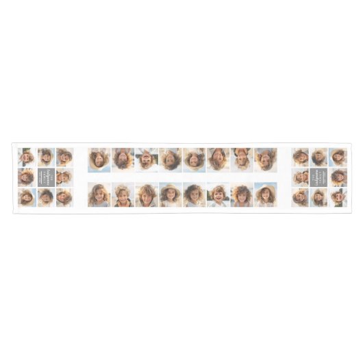 フォトコラージュ8写真グレー文字領域オンホワイト ショートテーブルランナー (横)