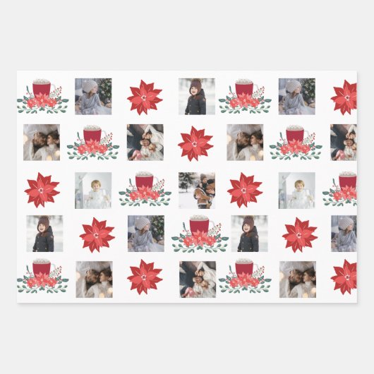 フォトコラージュ、クリスマスポインセチアとデコール ラッピングペーパーシート (正面3)