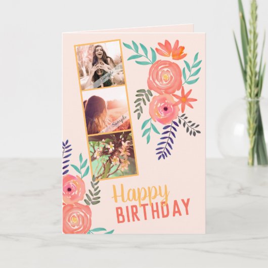 フォトコラージュ「ハッピーバースデー」ピンクサンゴバラ カード (正面)