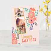 フォトコラージュ「ハッピーバースデー」ピンクサンゴバラ カード (黄色い花)