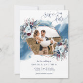 フォトコラージュ、ブルー、パープル、ブルゴーニュの水彩 セーブザデート (正面)