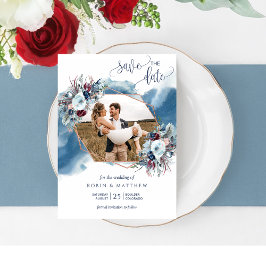 フォトコラージュ、ブルー、パープル、ブルゴーニュの水彩 セーブザデート